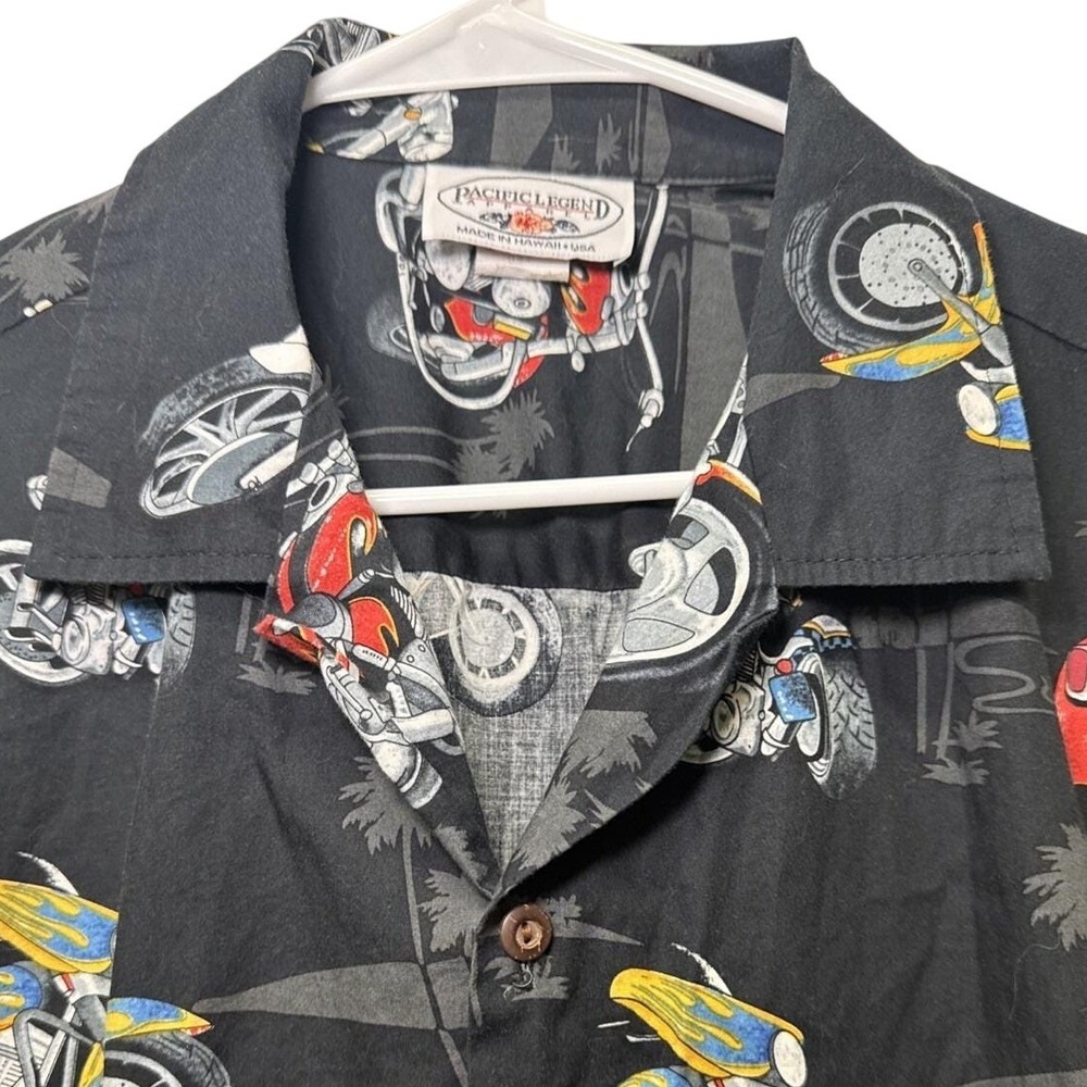 Pacific Legend Button Down Shirt Mens XL Black Motorcycle Hawaiian Print‎ XL